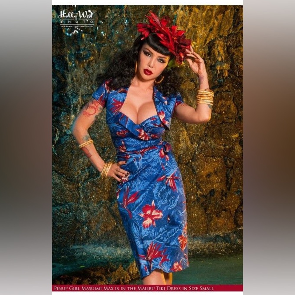 Deadly Dames Malibu Tiki Dress Blue M Unique Vintage Tropical with bolero RARE